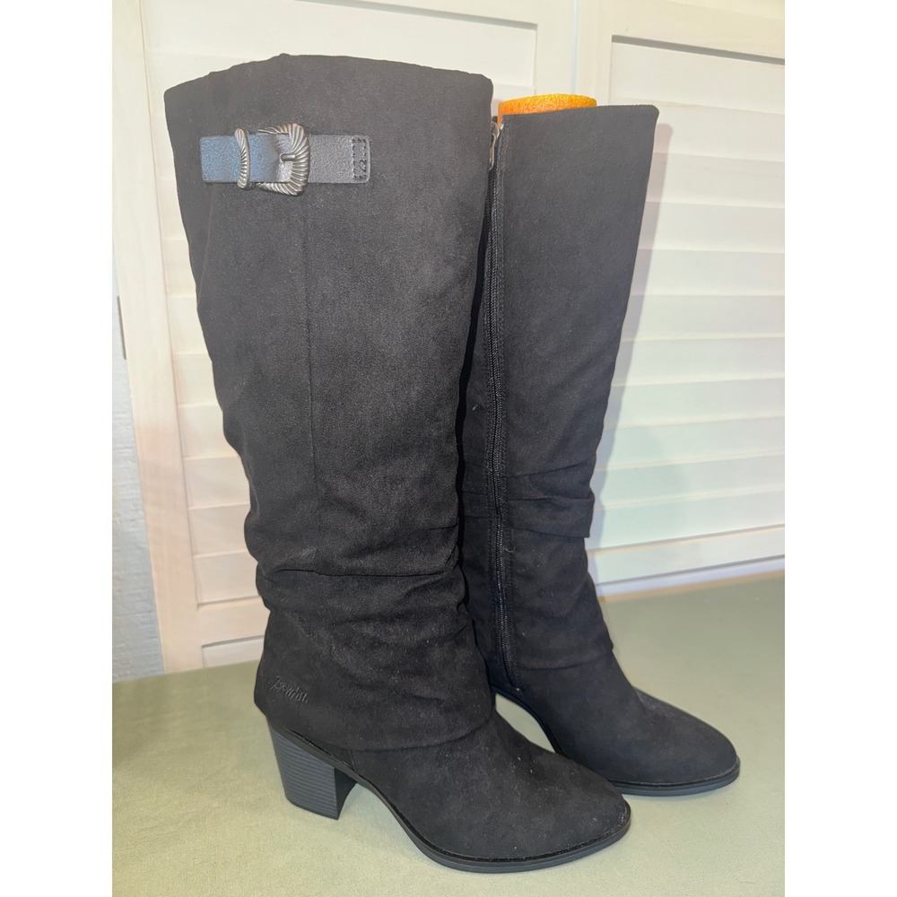 Blowfish Malibu Tall Slouch Boots Womens Black Faux Suede Buckle Heel 7.5M